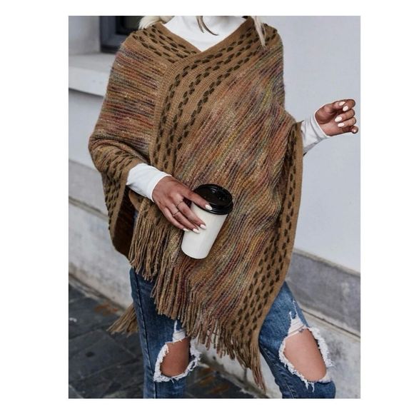 Boho Multicolor Asymmetrical Fringe Oversized Poncho - Picture 1 of 4